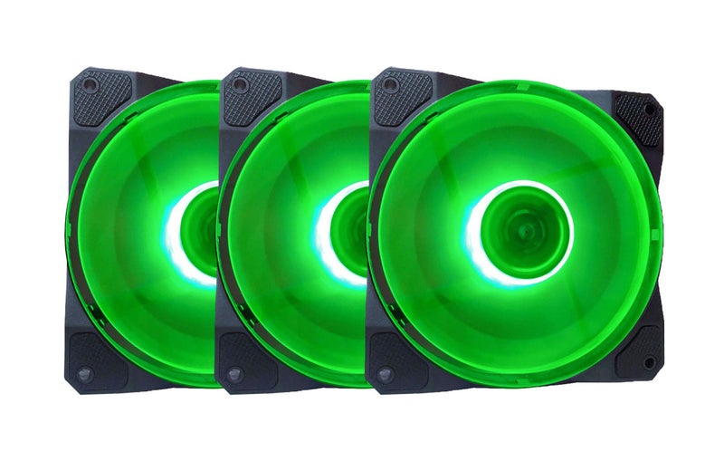APEVIA CO312L-GN Cosmos 120mm Green LED Ultra Silent Case Fan w/ 16 LEDs & Anti-Vibration Rubber Pads (3 Pk) - Image 1